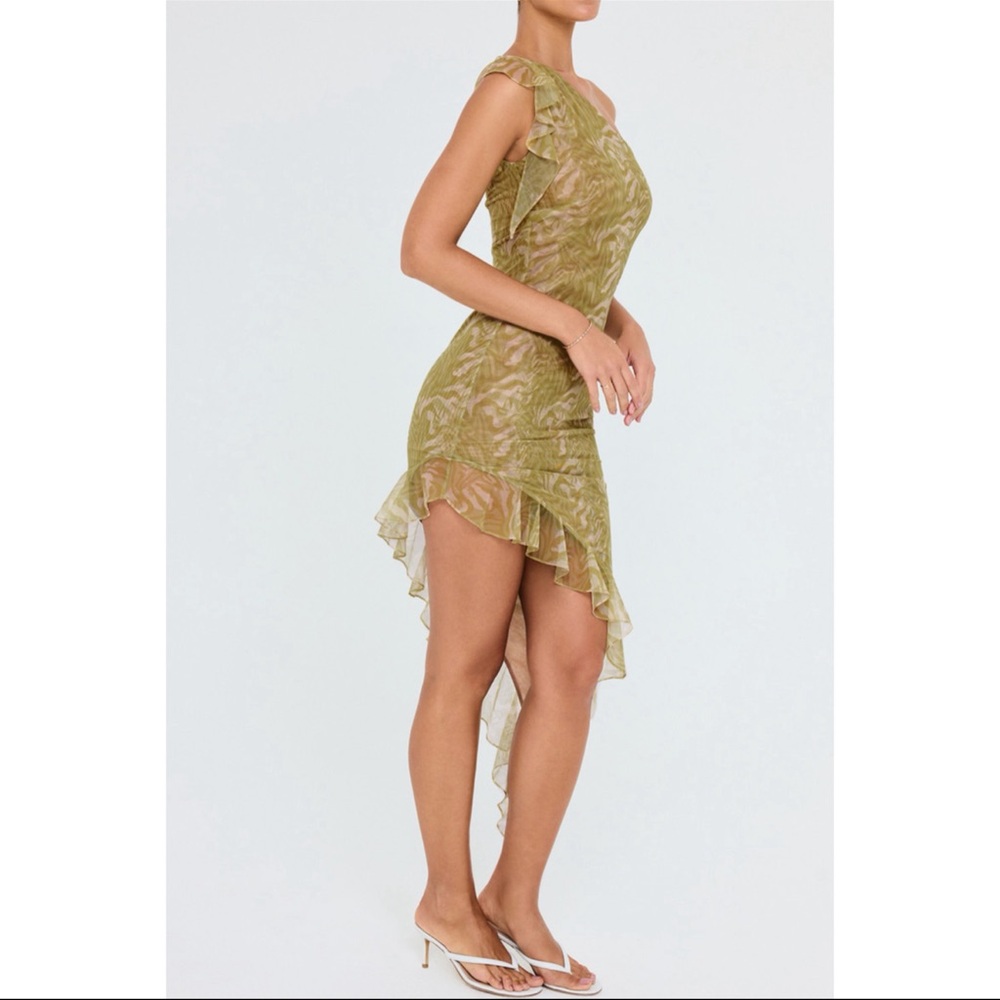 Mistress Rocks Asymmetrical Ruffle Olive Midi Dress - Picture 3 of 9